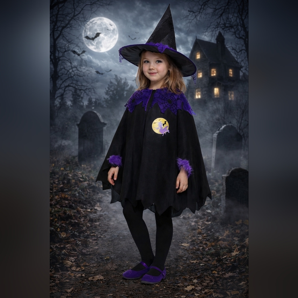 Girls Witch‎ Costume Cape & Hat Set Size 130 US 6-7 Halloween